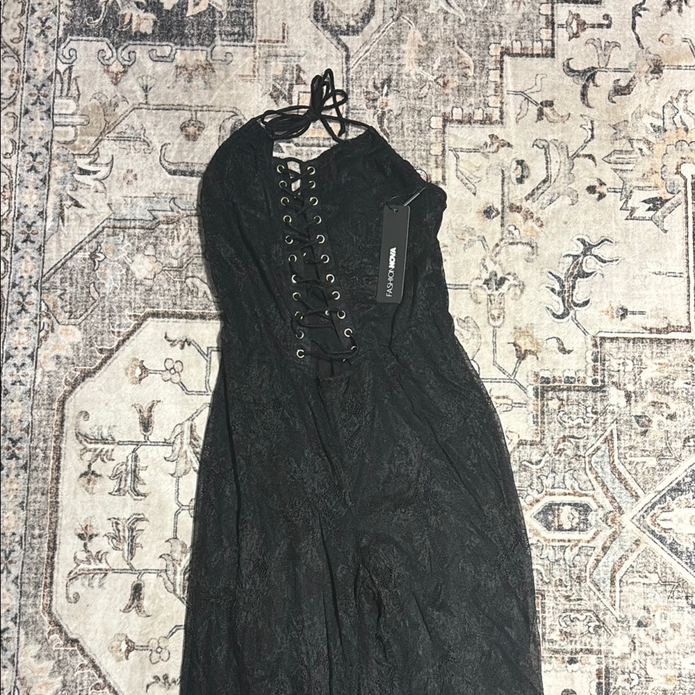 Black Lace-Up Halter Dress